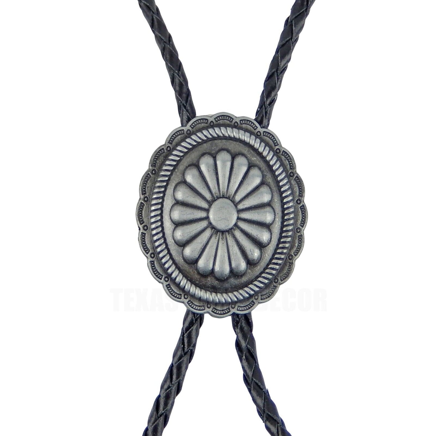 Oval Floral Scalloped  Concho Bolo Tie 40" Leather Cord Antique Silver Tone
