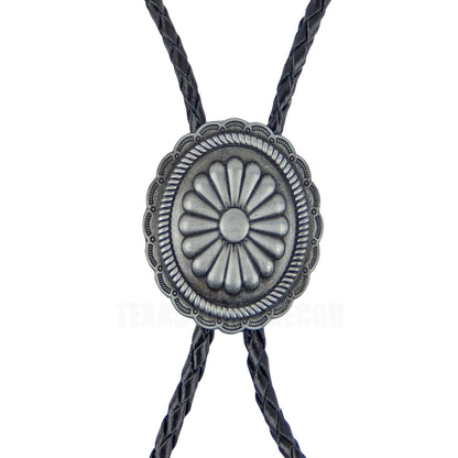 Oval Floral Scalloped  Concho Bolo Tie 40" Leather Cord Antique Silver Tone