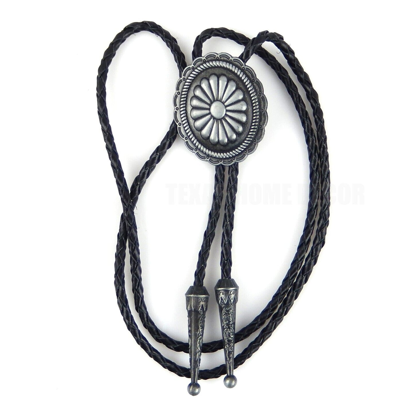Oval Floral Scalloped  Concho Bolo Tie 40" Leather Cord Antique Silver Tone