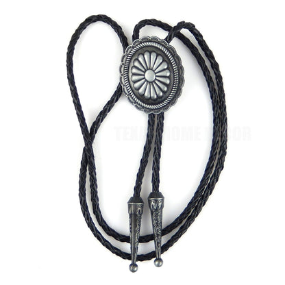 Oval Floral Scalloped  Concho Bolo Tie 40" Leather Cord Antique Silver Tone