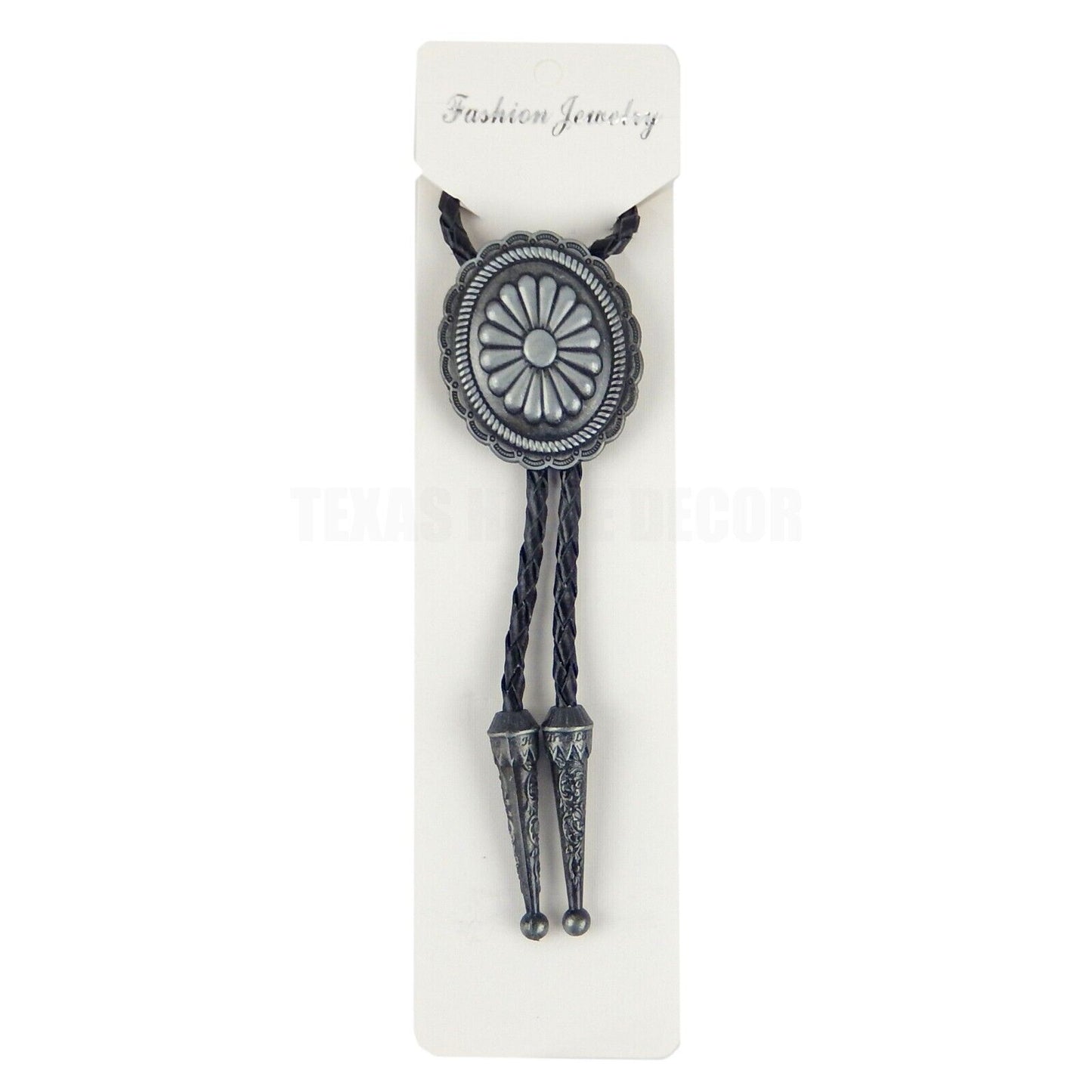 Oval Floral Scalloped  Concho Bolo Tie 40" Leather Cord Antique Silver Tone