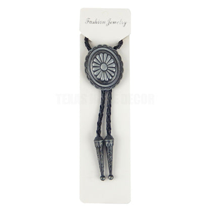 Oval Floral Scalloped  Concho Bolo Tie 40" Leather Cord Antique Silver Tone