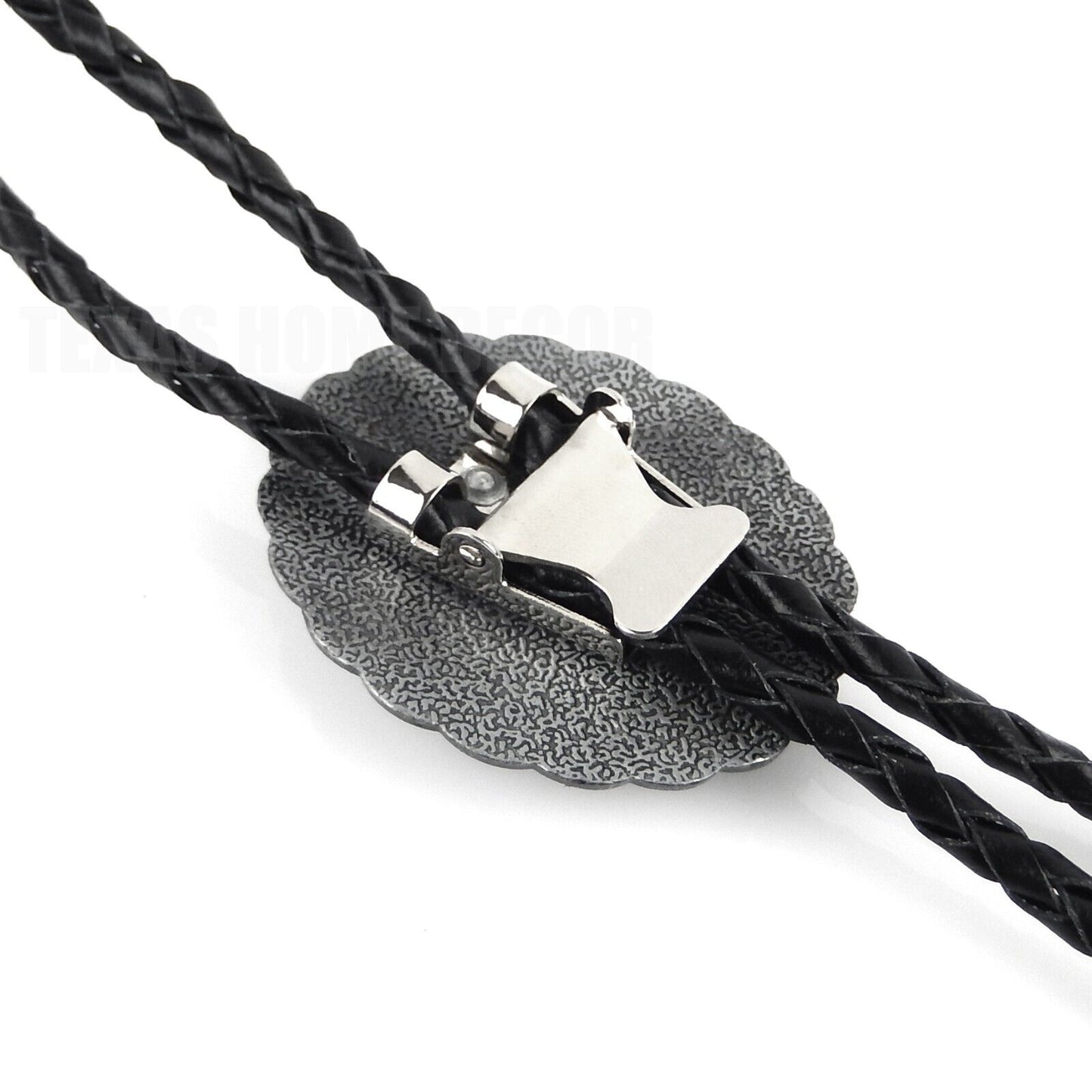 Oval Floral Scalloped  Concho Bolo Tie 40" Leather Cord Antique Silver Tone