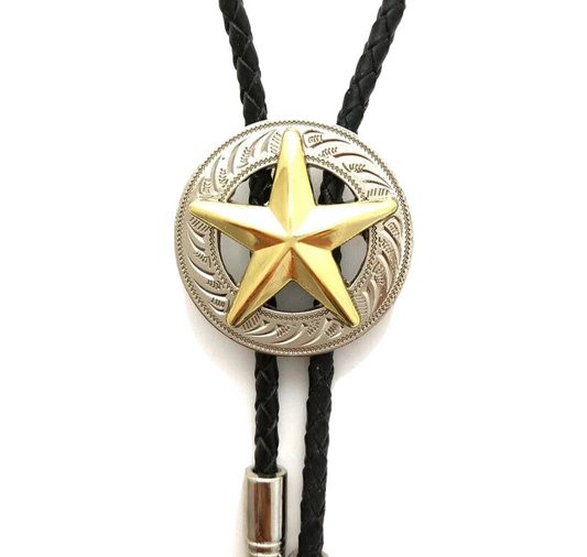 Gold Texas Star Silver Concho Bolo Tie 40" Adjustable Genuine Leather Cord