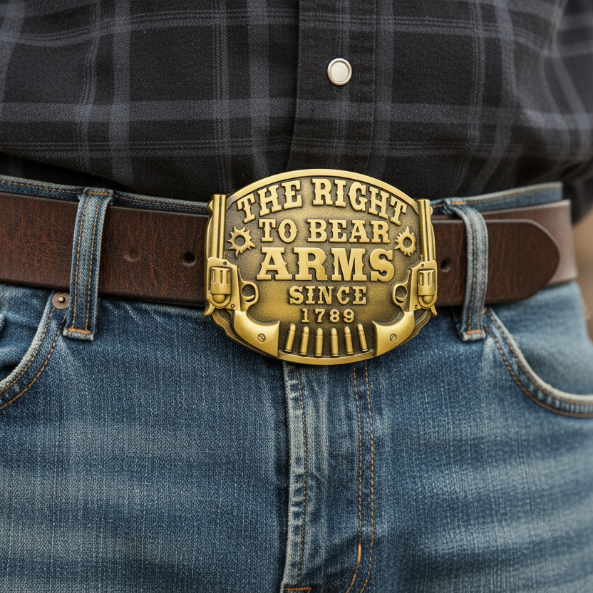 The Right To Bear Arms Belt Buckle 2nd Amendment Gun Rights Bullets Bronze Color