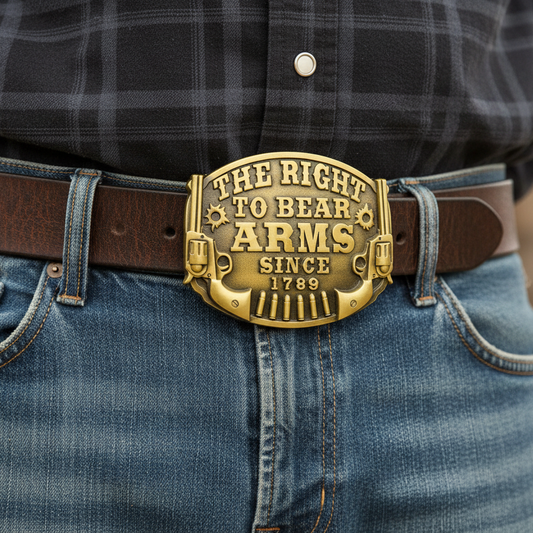 The Right To Bear Arms Belt Buckle 2nd Amendment Gun Rights Bullets Bronze Color