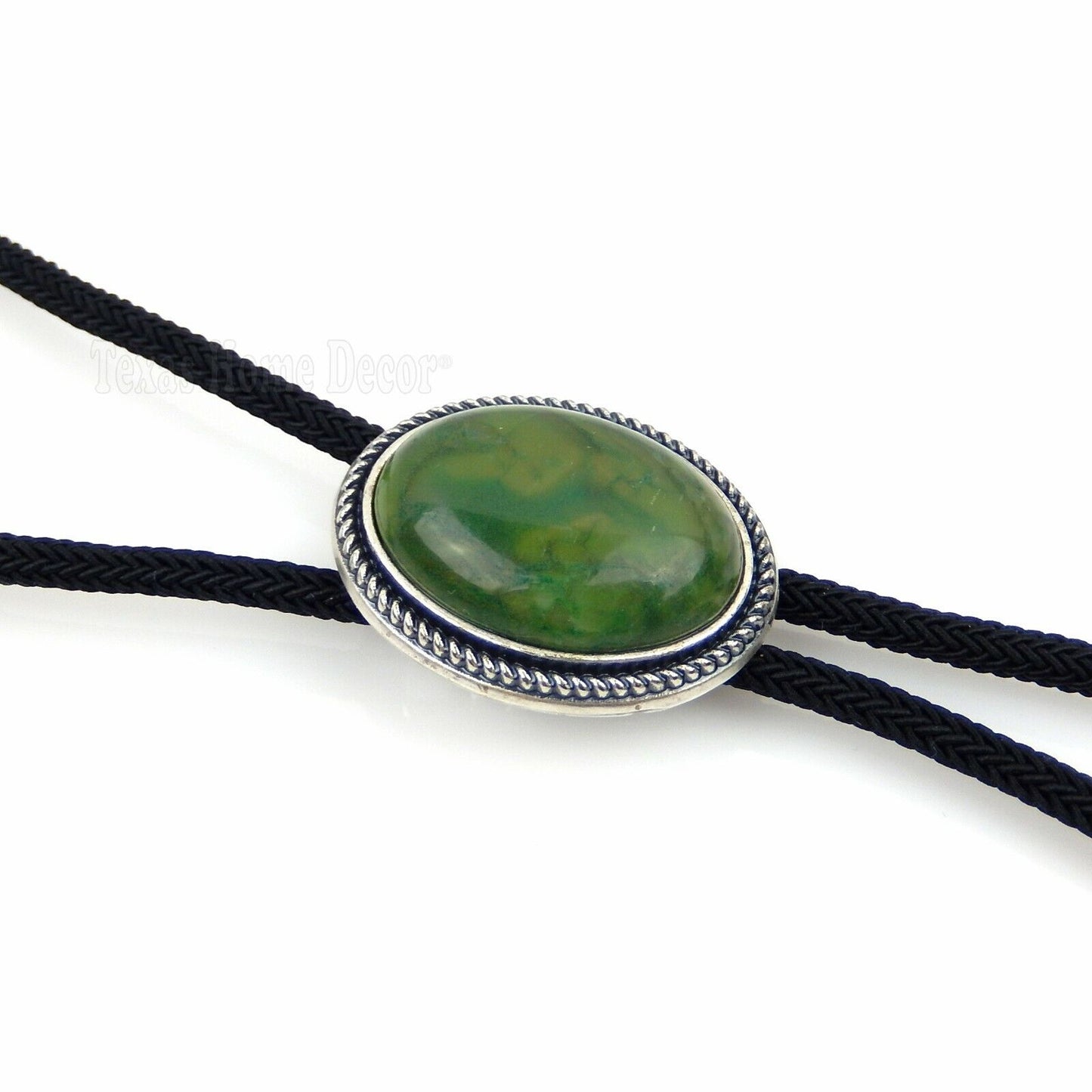 Natural Green Jade Stone Bolo Tie Oval Real Silver Plated 36" Adjustable Cord