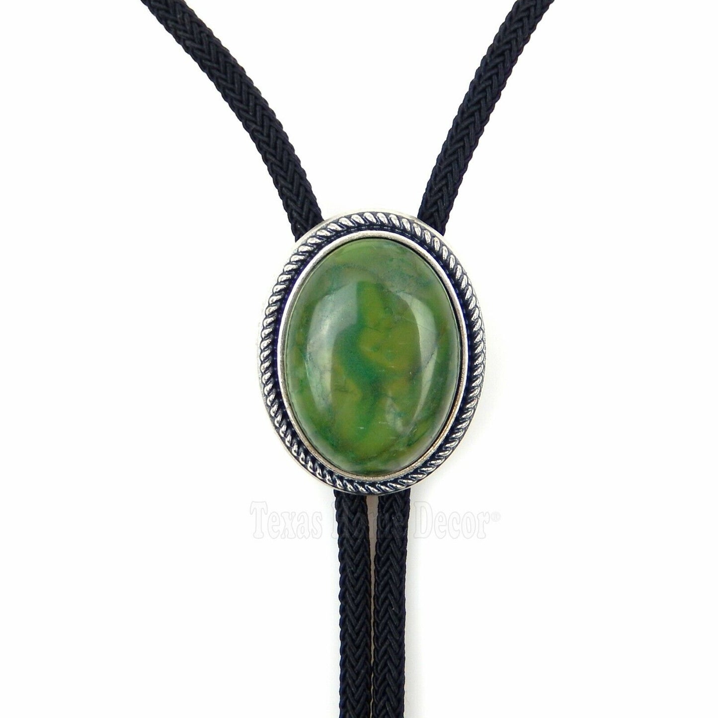 Natural Green Jade Stone Bolo Tie Oval Real Silver Plated 36" Adjustable Cord