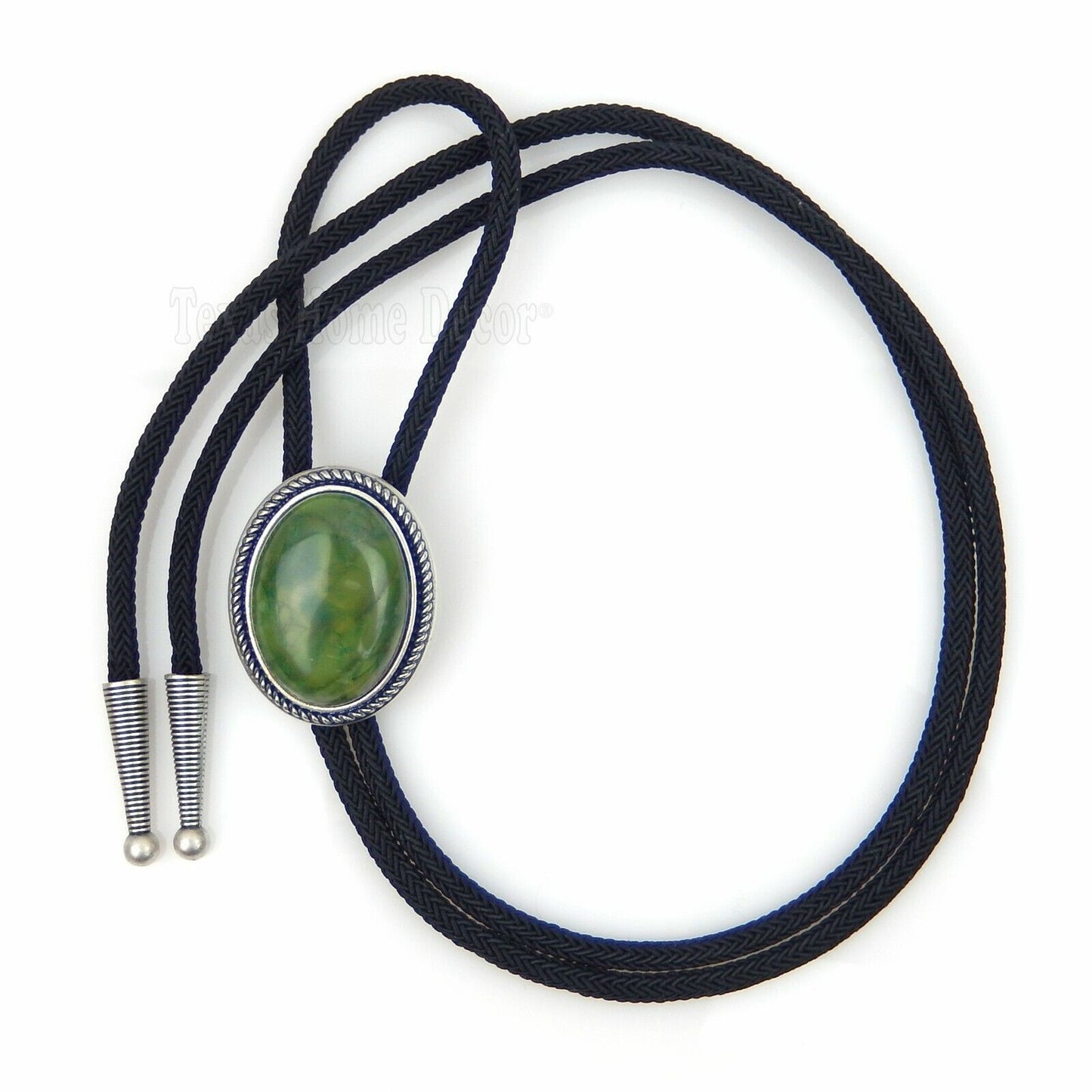 Natural Green Jade Stone Bolo Tie Oval Real Silver Plated 36" Adjustable Cord