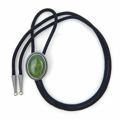 Natural Green Jade Stone Bolo Tie Oval Real Silver Plated 36" Adjustable Cord