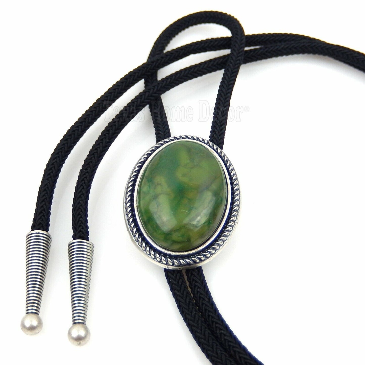 Natural Green Jade Stone Bolo Tie Oval Real Silver Plated 36" Adjustable Cord