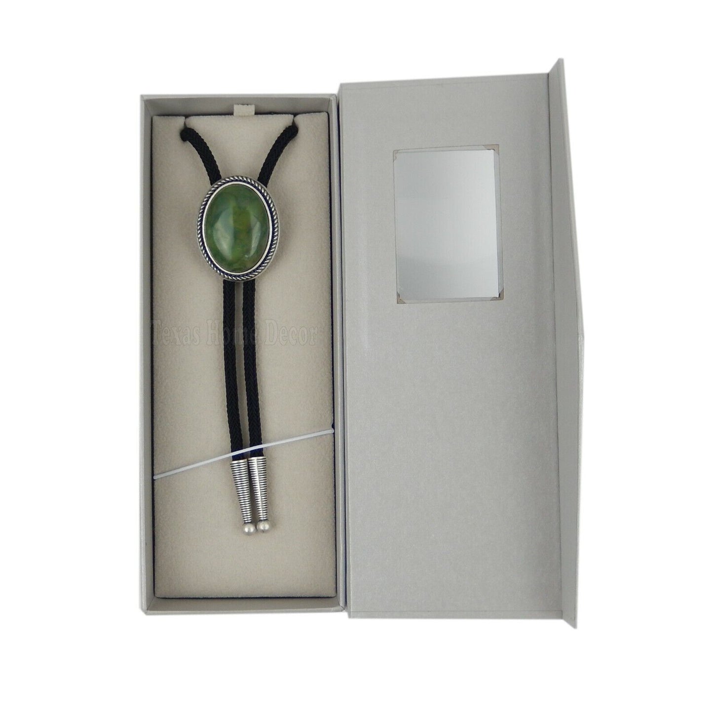 Natural Green Jade Stone Bolo Tie Oval Real Silver Plated 36" Adjustable Cord