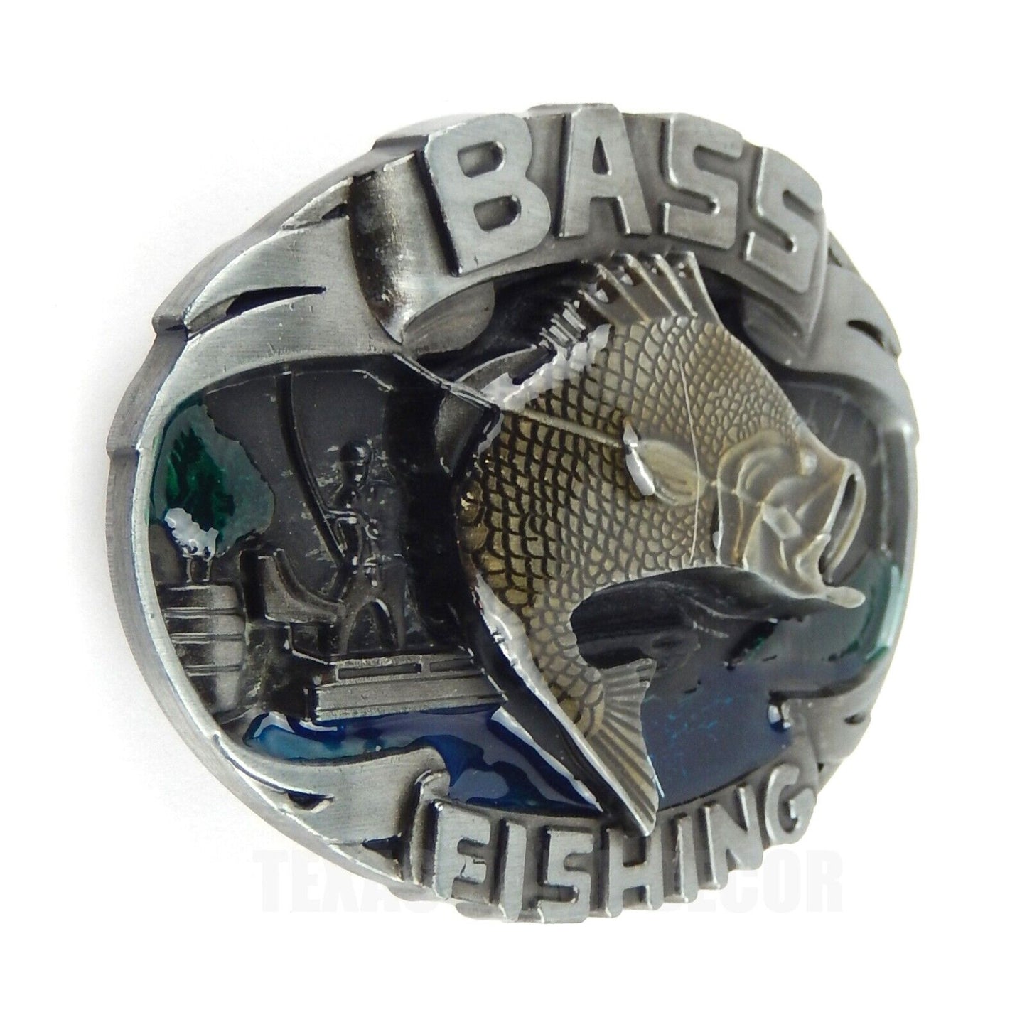 Bass Fishing Belt Buckle Antique Silver Finish Color Enamel Inlay Fits 1.5" Belt