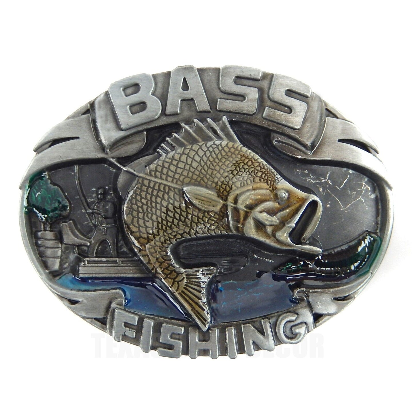 Bass Fishing Belt Buckle Antique Silver Finish Color Enamel Inlay Fits 1.5" Belt