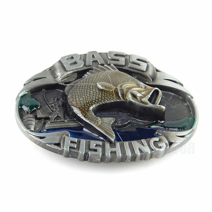 Bass Fishing Belt Buckle Antique Silver Finish Color Enamel Inlay Fits 1.5" Belt