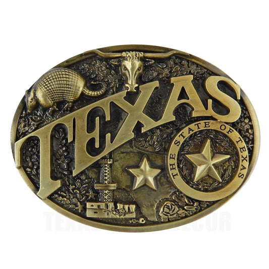 Texas Themed Men's Belt Buckle Armadillo Longhorn Star Bronze Fits 1.5" Belts