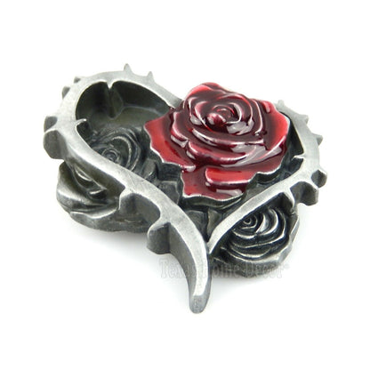 Thorny Heart Roses Belt Buckle Red Enamel Antique Silver Tone Fits 1.5" Belts