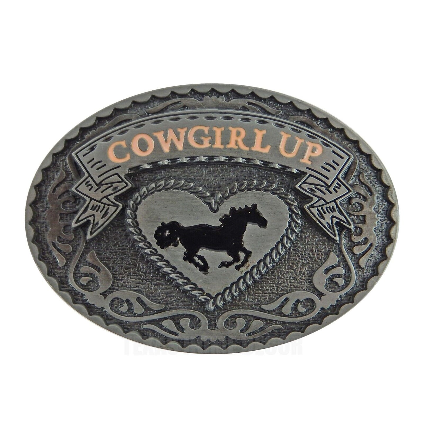 Cowgirl Up Women's Horse Heart Belt Buckle Antique Silver Tone Enamel Inlay