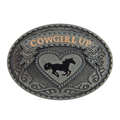 Cowgirl Up Women's Horse Heart Belt Buckle Antique Silver Tone Enamel Inlay