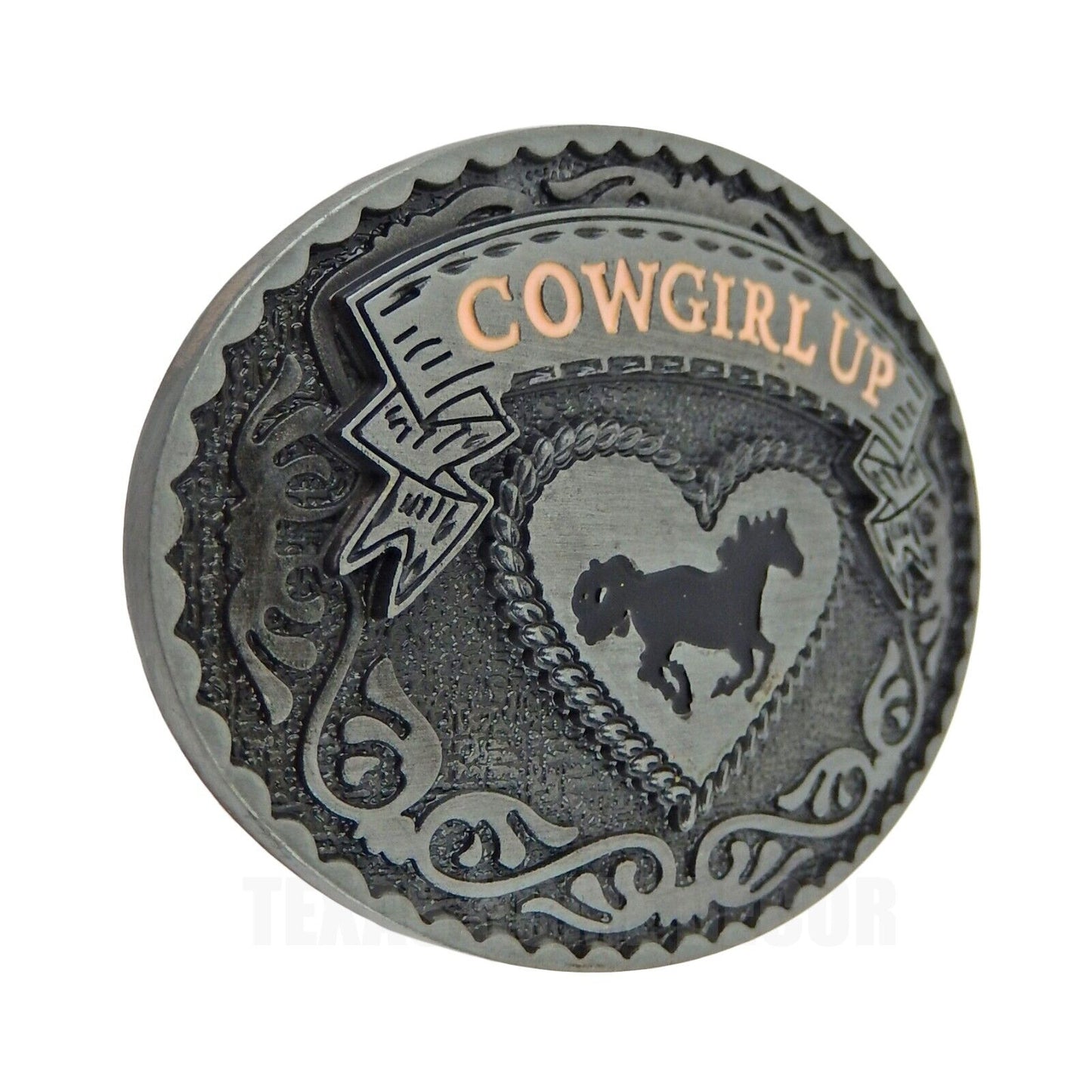 Cowgirl Up Women's Horse Heart Belt Buckle Antique Silver Tone Enamel Inlay