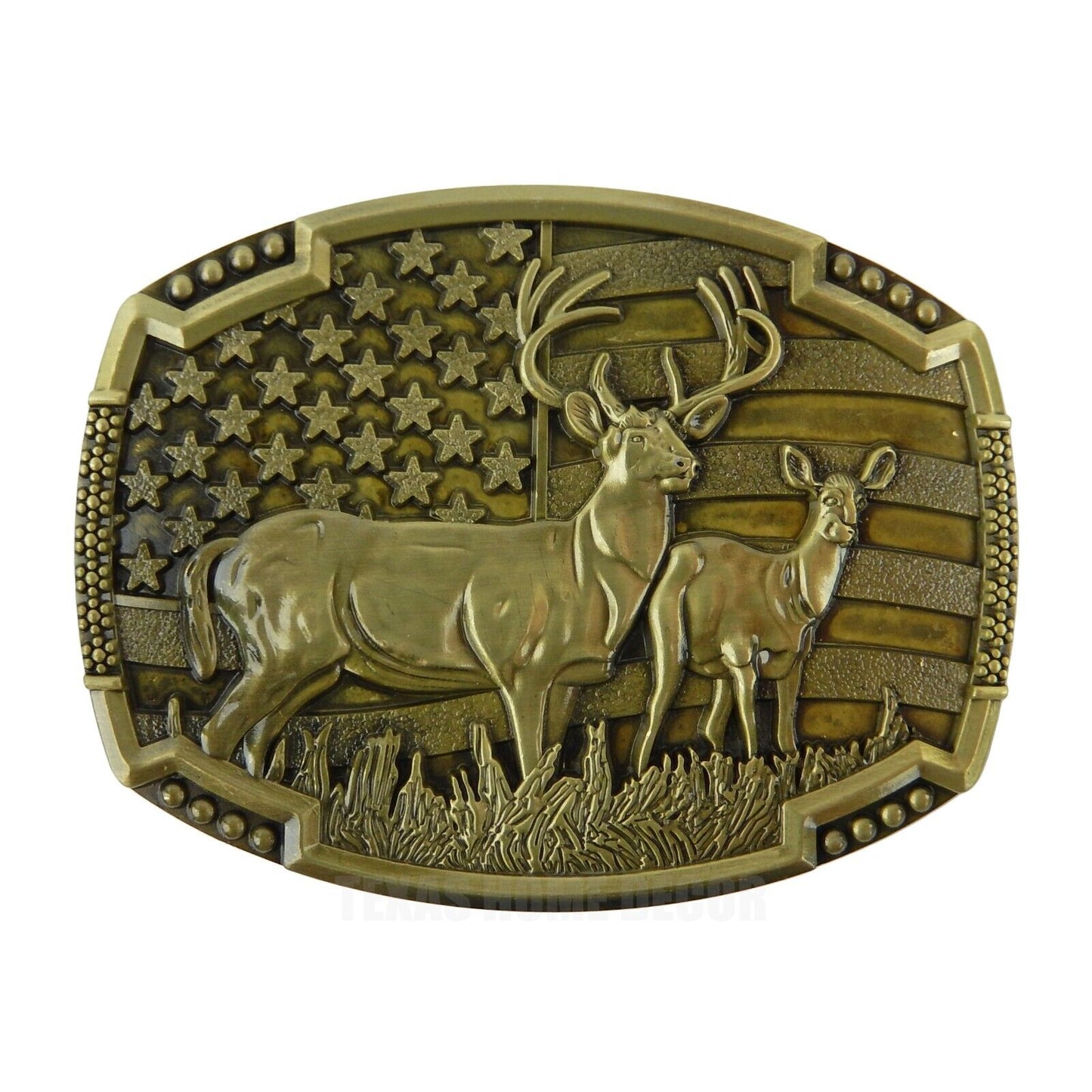 Buck Deer American Flag Belt Buckle USA Hunter Antique Bronze Tone 1.5" Belts