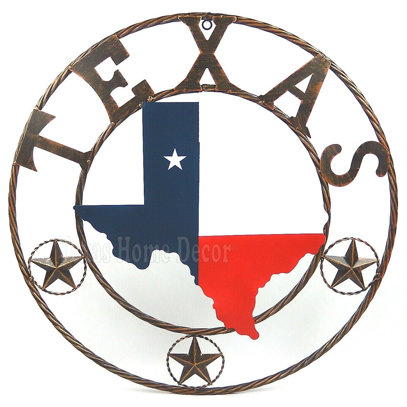 24" TEXAS Map Wall Decor Texas Flag Outline Plaque with Circle Rope Stars Metal