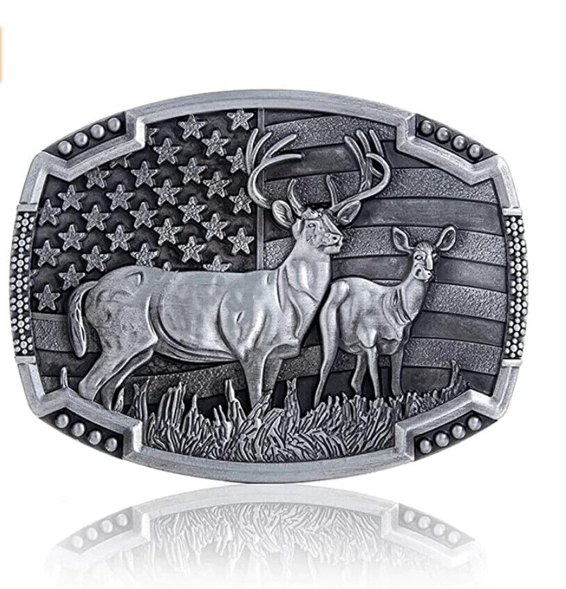 Buck Deer American Flag Belt Buckle USA Hunter Antique Silver Tone 1.5" Belts