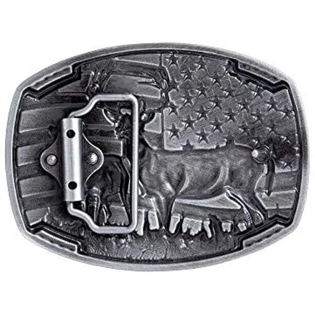 Buck Deer American Flag Belt Buckle USA Hunter Antique Silver Tone 1.5" Belts