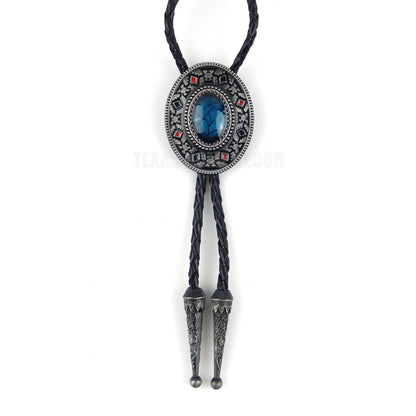 Turquoise Oval Aztec Style Bolo Tie 40" Genuine Leather Cord Antique Silver Tone