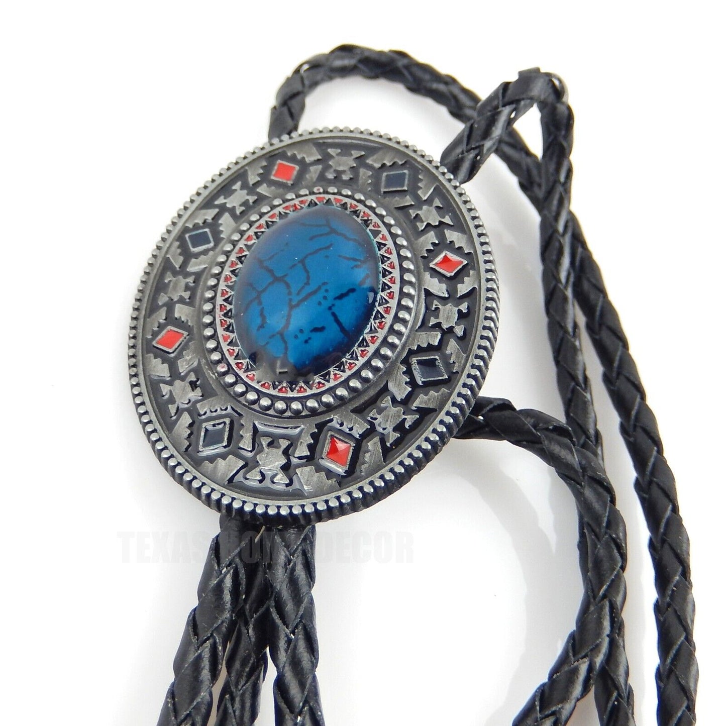 Turquoise Oval Aztec Style Bolo Tie 40" Genuine Leather Cord Antique Silver Tone