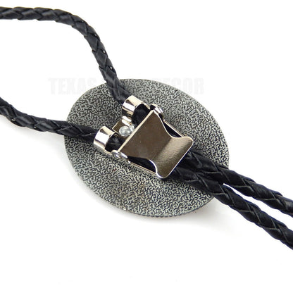 Turquoise Oval Aztec Style Bolo Tie 40" Genuine Leather Cord Antique Silver Tone