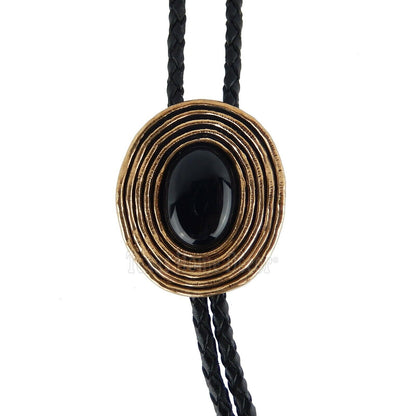 Obsidian Bolo Tie Real Gold Plated 38" Adjustable Leather Cord