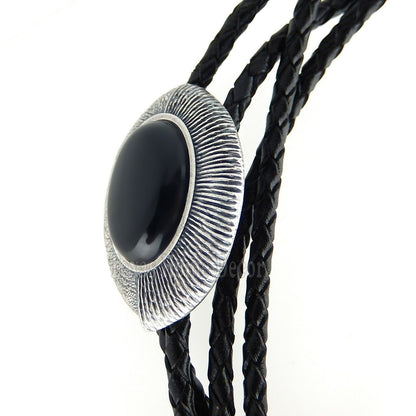 Obsidian Bolo Tie Real Silver Plated 38" Adjustable Leather Cord