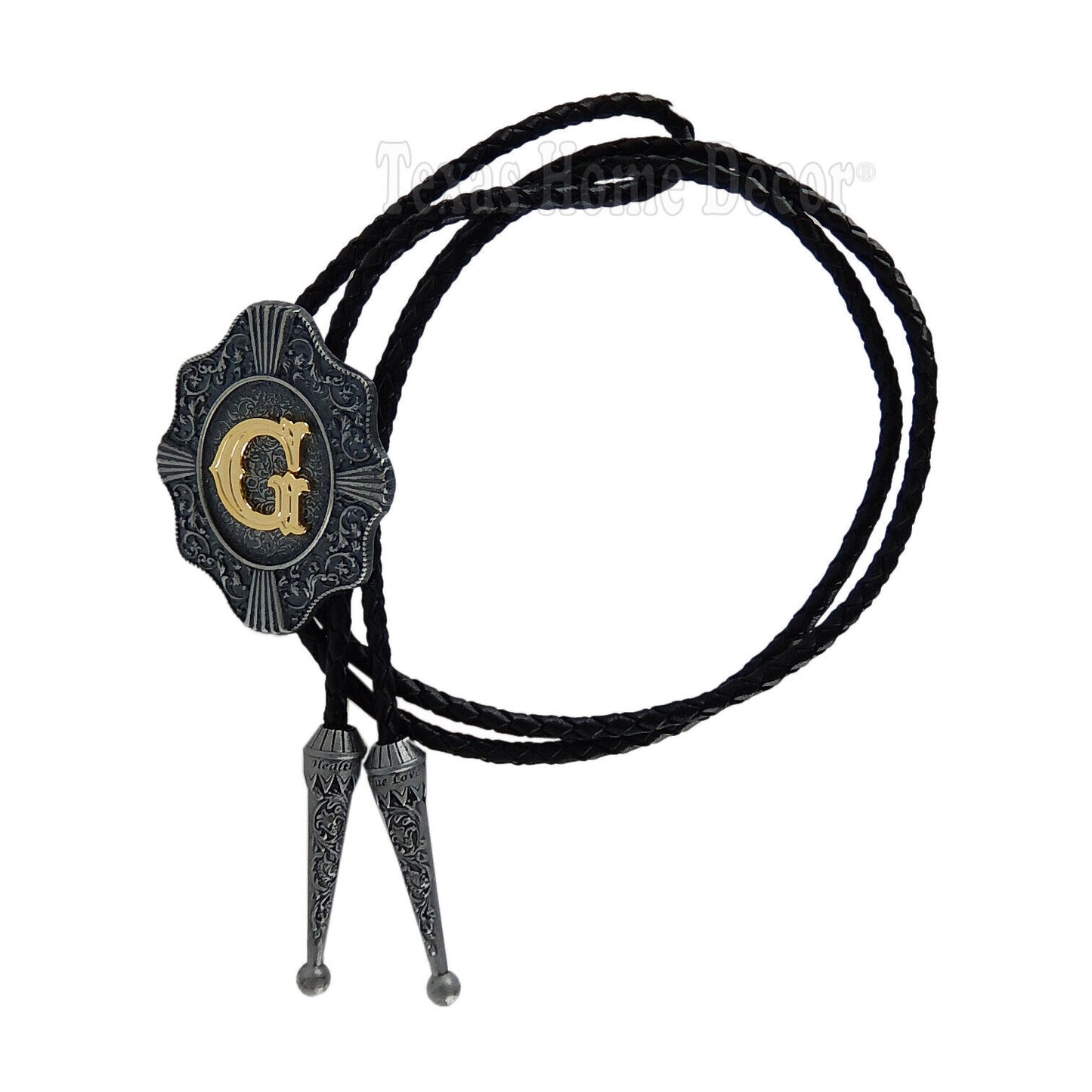 Initial Letter "G" Bolo Tie Western 38" Genuine Leather Cord Detailed Tips