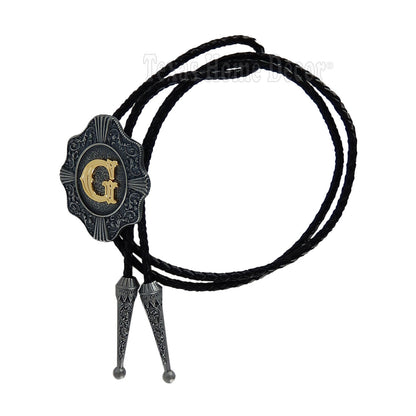 Initial Letter "G" Bolo Tie Western 38" Genuine Leather Cord Detailed Tips