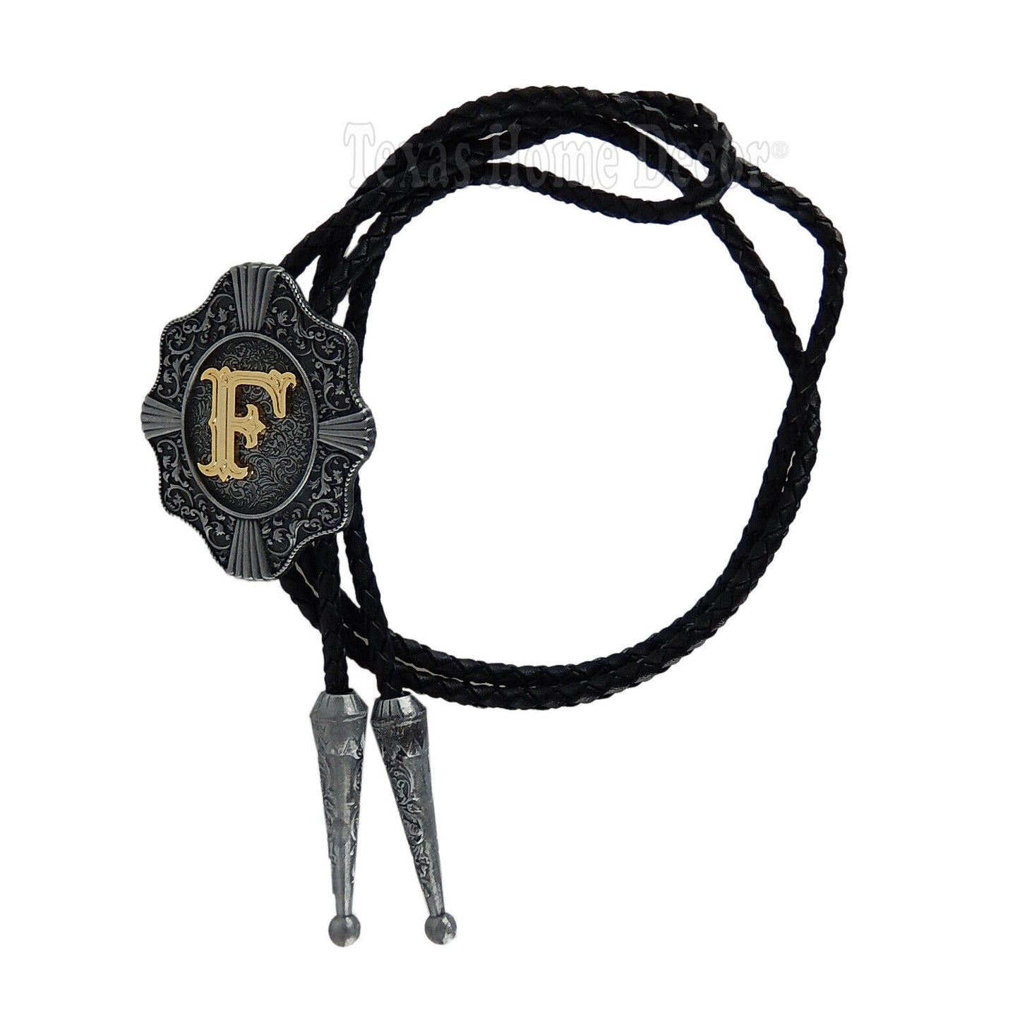 Initial Letter "F" Bolo Tie Western 38" Genuine  Leather Cord Detailed Tips