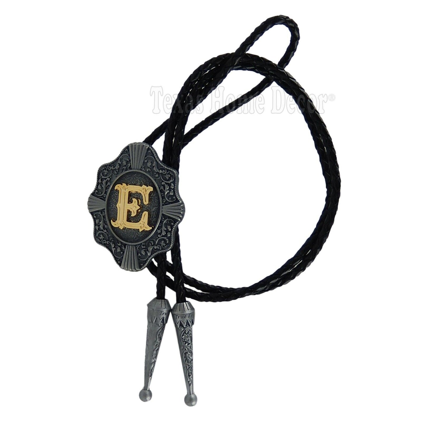 Initial Letter "E" Bolo Tie Western 38" Genuine Leather Cord Detailed Tips