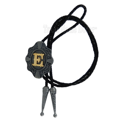 Initial Letter "E" Bolo Tie Western 38" Genuine Leather Cord Detailed Tips