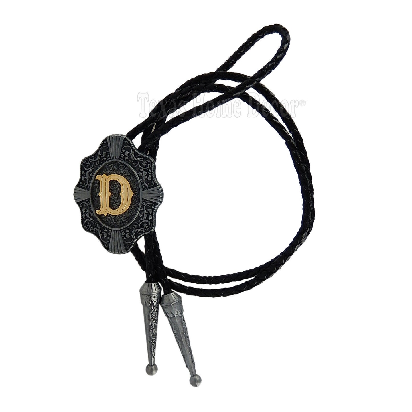 Initial Letter "D" Bolo Tie Western 38" Genuine Leather Cord Detailed Tips