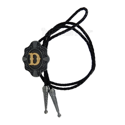 Initial Letter "D" Bolo Tie Western 38" Genuine Leather Cord Detailed Tips