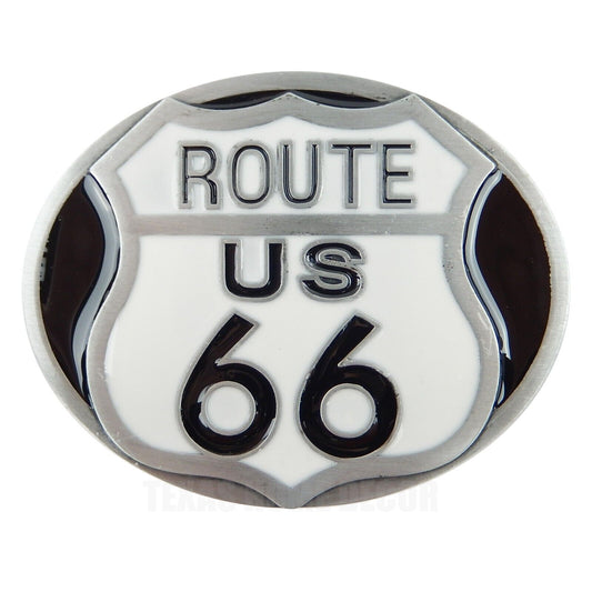 Route US 66 Belt Buckle Antique Silver Glossy Black &White Enamel Fits 1.5" Belt