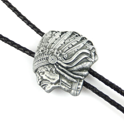Indian Chief Bolo Tie Southwestern Antique Silver 38" Adjustable Leather Cord