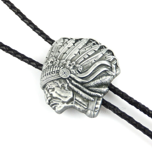 Indian Chief Bolo Tie Southwestern Antique Silver 38" Adjustable Leather Cord