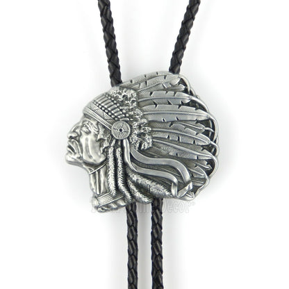 Indian Chief Bolo Tie Southwestern Antique Silver 38" Adjustable Leather Cord