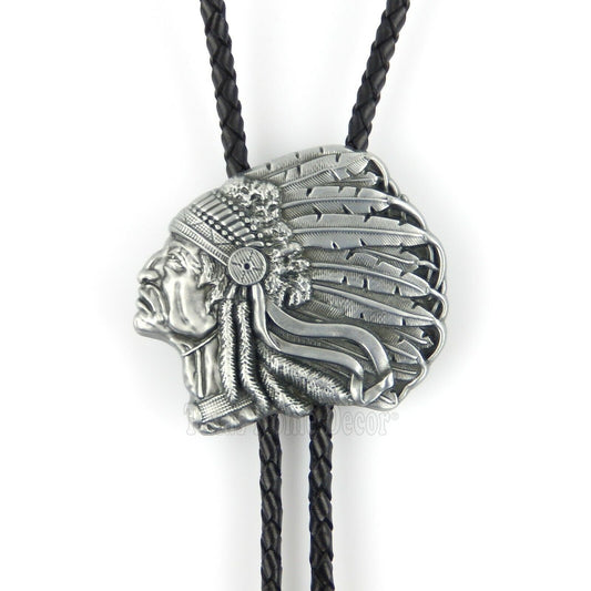 Indian Chief Bolo Tie Southwestern Antique Silver 38" Adjustable Leather Cord