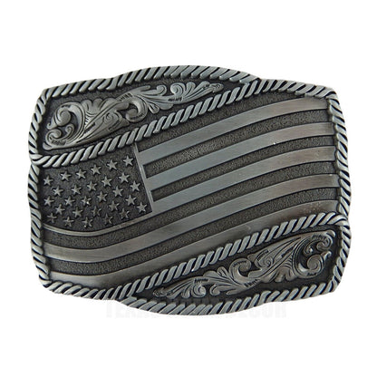 American Pride Flag Belt Buckle Tooled Floral Rope Accents Antique Silver Tone