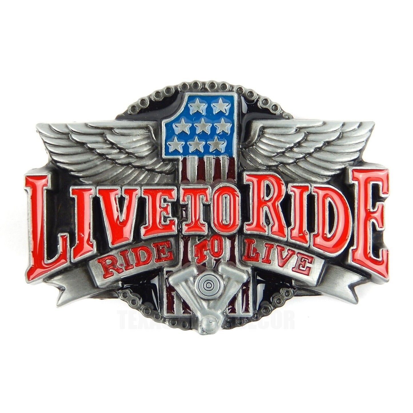 Live To Ride Ride To Live Number 1 Wings Belt Buckle Antique Silver Enamel Inlay