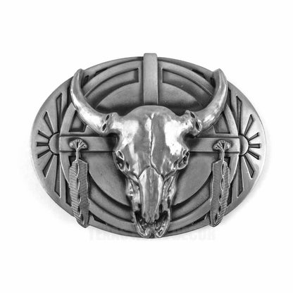 Tribal Steer Skull Head Feathers Belt Buckle Antique Silver Tone Fits 1.5" Belts