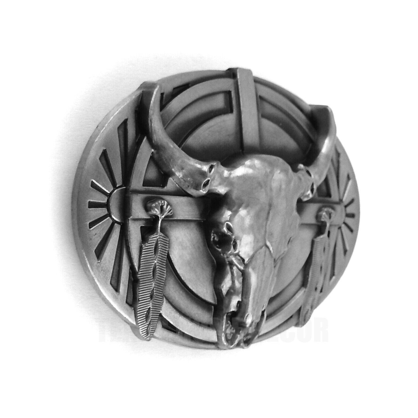 Tribal Steer Skull Head Feathers Belt Buckle Antique Silver Tone Fits 1.5" Belts