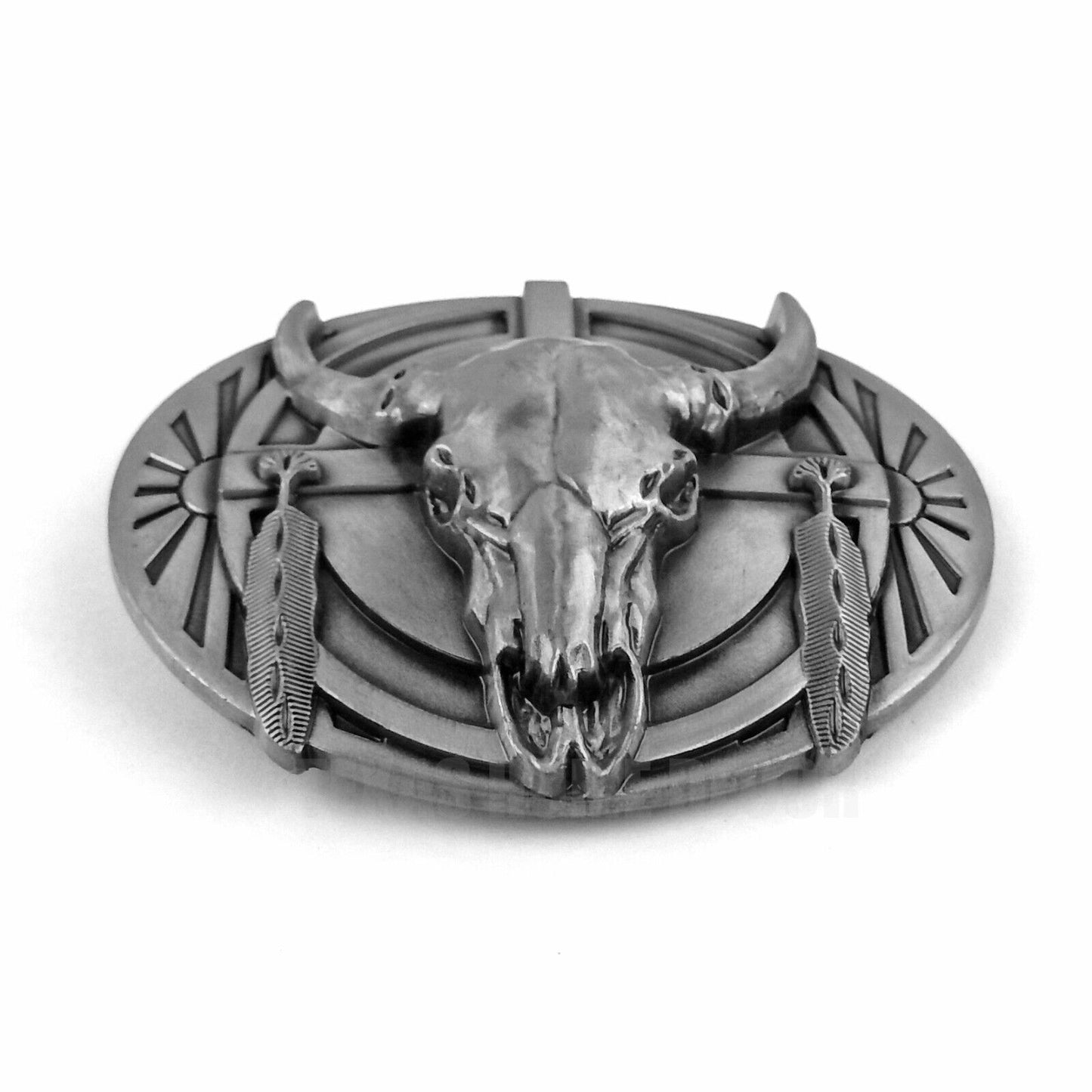 Tribal Steer Skull Head Feathers Belt Buckle Antique Silver Tone Fits 1.5" Belts